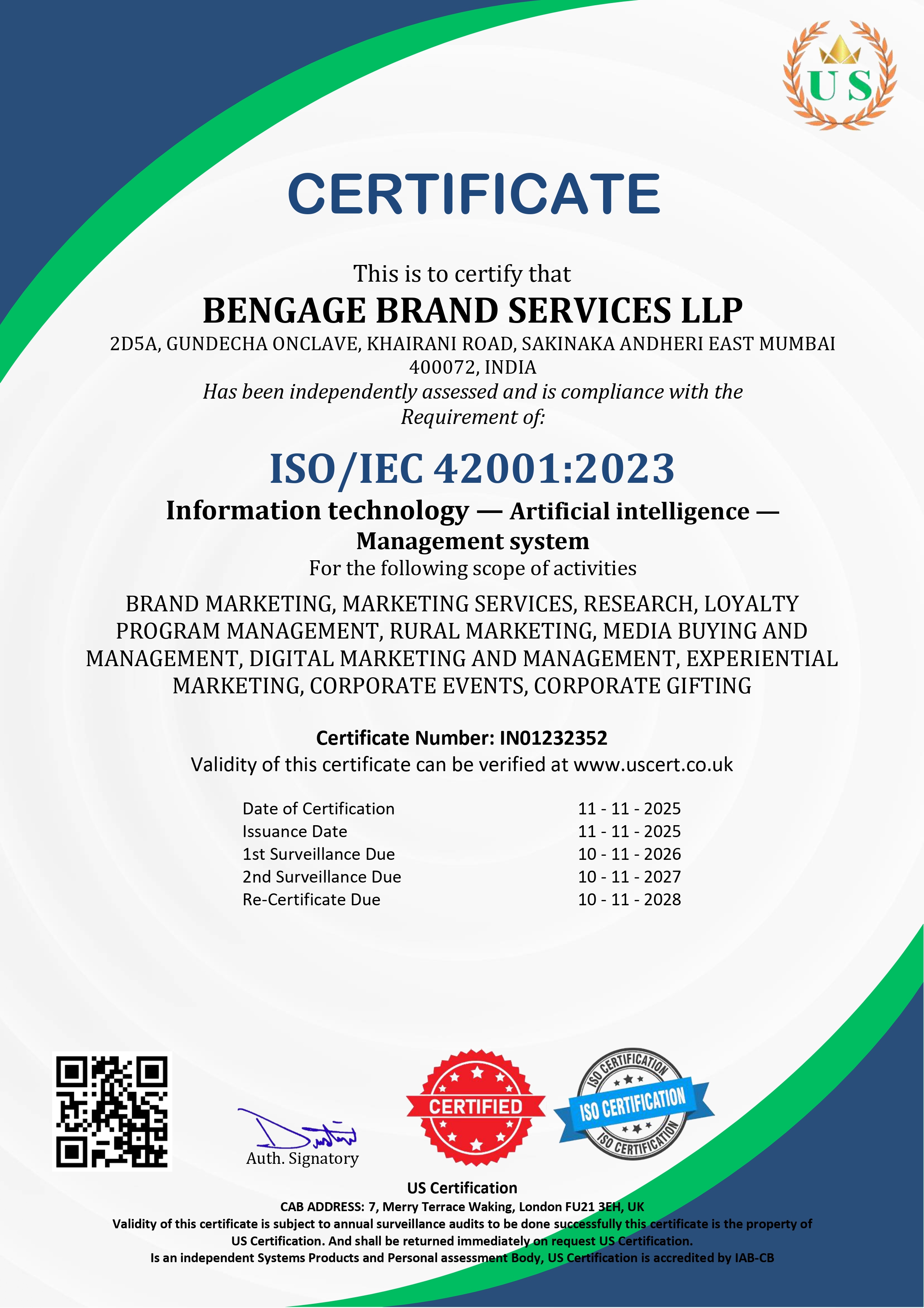 ISO/IEC 42001:2023 Certificate for Bengage Brand Services LLP
